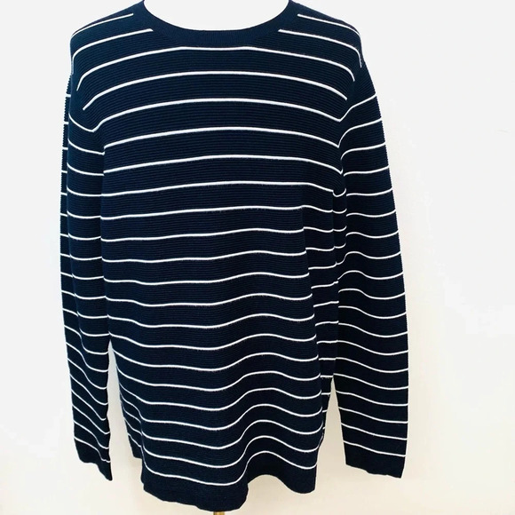 Mango Man Sweater XL Navy Blue White Stripe Long Sleeve Rib Knit Stretch Classic - Picture 1 of 11